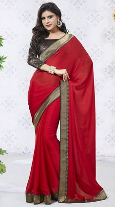 Crimson Poly Georgette Saree 2BR5413 Lehenga Style Saree, Sari Design, New Saree Designs, Designer Sarees Collection, Designer Sarees Online, Art Silk Sarees