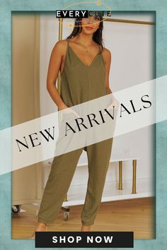 Green Textured Sleeveless V-neck Pocketed Casual Jumpsuit Solid Color V-neck Jumpsuits And Rompers For Leisure, Green V-neck Jumpsuit For Loungewear, Trendy V-neck Jumpsuits And Rompers With Pockets, Casual Jumpsuit, Jumpsuit Romper, Shop Now, Jumpsuit, Rompers, V Neck