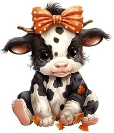 a cute little cow with a big bow on it's head sitting down and looking at the camera