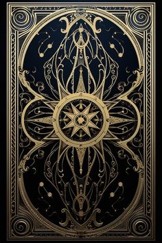 an intricate gold and black design on a black background