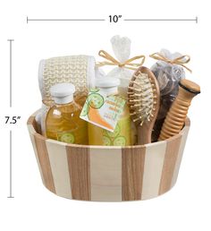 a wooden basket filled with lots of different items