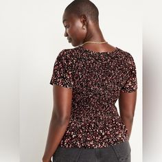 Sign Up For Posh Using My Code Use Code: Modern_revamp Get $10 Toward First Purchase Old Navy Blouse Is New With Tags Super Cute And Flattering Measurements 15 1/2” Pit To Pit 21” Length #129 Tags Spring, Summer, Cute, Floral, Girly, Flattering, Fitted Smocked Top With Short Sleeves, Stretch Smocked Top With Short Sleeves, Fitted Tops With Smocked Bodice And Flutter Sleeve, Casual Fitted Smocked Top With Short Sleeves, Navy Blouse, Peplum Blouse, Navy And Brown, Old Navy Tops, Navy Tops