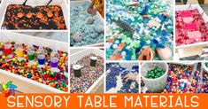 a collage of different types of materials and colors for kids to play with in the sand