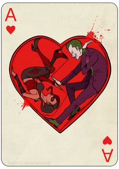 the joker playing cards are red with blood splattered on them and two women