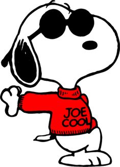 a cartoon dog with sunglasses and a red shirt