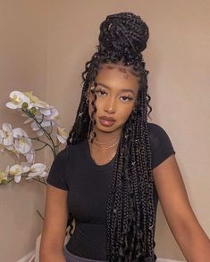 Hair Styles For Braids With Curls, Goddess Box Braids With Beads, Island Hairstyles, Pretty Buns, Bohemian Goddess Braids, Knotless Braids With Curls, Hairstyle Ideas For Black Women, Hairstyle References