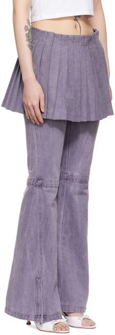 Non-stretch cotton denim jeans. Fading throughout. · Zip-fly · Two-pocket styling · Zip vents at hem · Paneled construction · Detachable pleated skirt included Supplier color: Purple Casual Leather Shoes, Faded Denim, Light Jacket, Luxury Streetwear, Cropped Pants, Stretch Cotton, Color Purple, Pleated Skirt, Peplum Dress