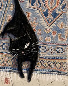 a drawing of a black cat laying on top of a rug