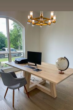 a desk with a computer on it in front of a large window