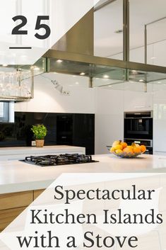 a kitchen island with a stove top oven and counter tops in the middle of it