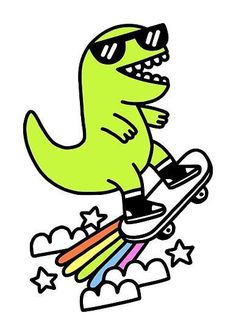 a cartoon dinosaur riding a skateboard in the sky