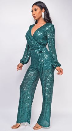 Full length Sequin bodice Surplice front Long sleeve Waist belt Model is wearing size Small Rose Gold Sequin Jumpsuit, Prom Dresses Sequin, Gold Sequin Jumpsuit, Teal Jumpsuit, Sequins Dresses, Sequined Dresses, Black Sequin Jumpsuit, Sequinned Dress, Crochet Jumpsuits