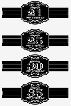 three black and white birthday labels with the number one, two twenty five six seven eight nine