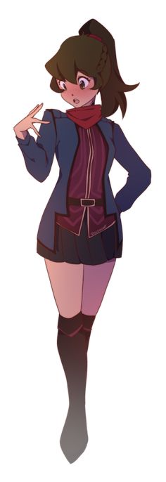 an anime character with black hair and red boots, wearing a blue jacket and purple tights