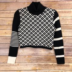 Gieffeffe By Gianfranco Ferre Cropped Mock Neck Sweater - 100% Wool Black And White Geometric Color Block Design Is Perfect For 90s Mod Look. Size: Small Lay Flat Measurements: Chest: 17" Shoulders: 14" Length: 16" Excellent Vintage Condition. Item Appears Never Worn. No Visible Flaws. Sold As-Is. Chic White Jacquard Knit Sweater, White Jacquard Knit Fitted Sweater, White Fitted Jacquard Knit Sweater, Elegant White Jacquard Knit Sweater, Chic Black Jacquard Knit Sweater, Mod Look, Gianfranco Ferre, Color Block Design, Block Design