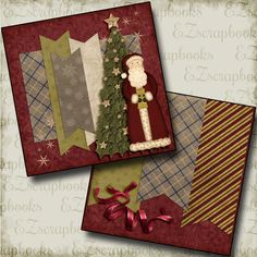 two christmas cards, one with santa and the other decorated in plaids and ribbons