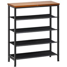 three tiered shelving unit with wood top and metal frame, in black finish