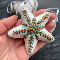 a hand holding a white ornament with green and red decorations