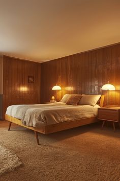 a bed sitting in a bedroom next to two lamps on either side of the bed