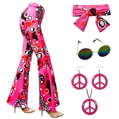 PRICES MAY VARY. 【70s Costumes Set】You will receive in total 6 pices set - 1 hippie flared bottom pants, 1 headband, 1 sunglass, 1 peace sign necklace and 1 pair peace sign of earrings. A perfect outfit set for 60s 70s 80s theme parties. 【Comfortable Pants with Vintage Accessaries】The flared pants are made of 85% polyester and 15% spandex fabric, it is soft, stretchy, lightweight, smooth, breathable, make you feel comfortable and show your curve, the necklace and earrings are made of primium pla Cheap Retro Orange Pants, 70s Costumes, Disco Party Costume, 80s Dress Up, 70s Theme Party, 70s Theme, Retro Trousers, 70s Costume, Head Decoration