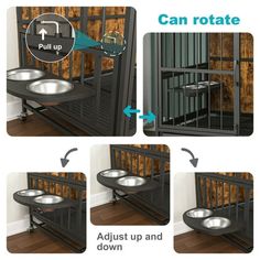 three pictures showing how to use an elevated dog kennel