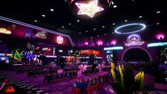 the inside of a restaurant with neon lights and decorations on the ceiling, chairs are set up in rows