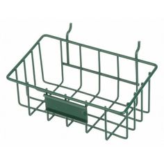 a green metal basket with two hooks on it