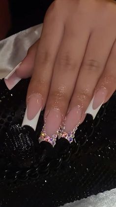 French Tip And Diamond Nails, Long Acrylic Nails French Tip Design, Acrylic Nails With Jewels Rhinestones, Long White French Tip Nails With Gems, Long French Tip With Rhinestones, Birthday Diamond Nails, French Tip And Rhinestone Nails, Bling Out French Tips, Nails French Tip With Diamonds