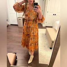 Gorgeous Gold / Yellow Dress That Gives Major Fall Vibes. Size Small, But Runs A Bit Big So Would Call It A Smedium. Never Worn (Besides For These Pictures)! Bought For A Wedding And Ended Up Needing Something Without Sleeves. Floral Fall Dress, Fall Floral Dress, Flying Tomato Dress, Flying Tomato, Fall Dress, Fall Dresses, Yellow Dress, Gold Yellow, Fall Vibes