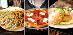 four different pictures of food on plates and in front of a woman holding a plate