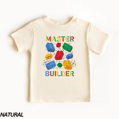 "Master Builder Colorful Toy Bricks T-Shirt - TODDLER Bella Canvas 3001T * Processing time is approx 1-7 business days (there may be exceptions during holiday seasons). Delivery time is based on your shipping type selection and location. Please check the estimated delivery times at checkout and upgrade the shipping at checkout if you need it sooner. * All items are made-to-order. Because of the nature of these items, unless they arrive damaged or defective, we cannot accept return or exchange. * Please review the all size charts displayed in the product images.  * Please note that the sizing chart includes the measurements of one side of the shirt, not the circumference.  * Sizing might differ 1\" (+-) from brand to brand. We recommend you to size up of you're between two sizes. * We're wo Kids Building Blocks, Lego Shirts, Boy Birthday Shirt, Kids Birthday Shirt, Lego Print, Kids Building, Kids Wear Boys, Lego Building Blocks, Kids Birthday Shirts