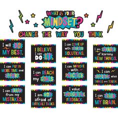 this is a set of posters with words and phrases in different colors that say, what's your mindset? change the way you think