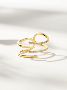 Revelry Ring | Gold | Product Image | Uncommon James Gold Stackable Rings With Open Band, Gold Double Band Diamond Promise Ring, Modern Gold Diamond Midi Rings, Gold Double Band Promise Ring, Gold Double Band Rings With Diamond Accents, Gold Stackable Rings With Diamond Accents And Open Band, Gold Midi Rings With Diamond Accents, Open Ring, Gold Diamond Ring With Modern Twist, Modern Twist Gold Diamond Open Ring