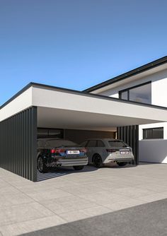 two cars are parked in front of a modern house with an attached carport and garage