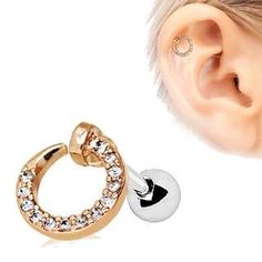 Rose Gold Jeweled Circular Ring Cartilage Earring Cute Cartilage Earrings, Cartilage Earrings Chain, Tragus Jewelry, Barbell Earrings, Gold Body Jewellery, Tragus Earring, Cartilage Jewelry, Cartilage Earring, Tragus Earrings