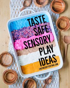 an advertisement for taste safe sensory play ideas