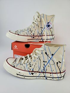 WORE THEM 2 TIMES THEY ARE TO BIG FOR ME. LIKE NEW WITH BOX Converse Chuck 70 Hi Paint Splatter Chuck Taylor All Star Unisex Shoes Egret. White Leather Converse, Painted Converse, White High Top Converse, Leather Converse, Converse White, Converse Chuck 70, White Converse, Chuck 70, Unisex Shoes