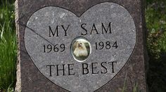 a memorial stone with a dog's face in the center