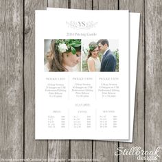 the wedding program is displayed on top of a wooden table with wood planks in the background