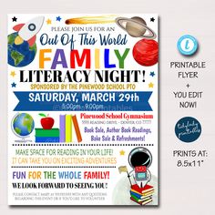 this is an image of a flyer for a library night with space and books on it