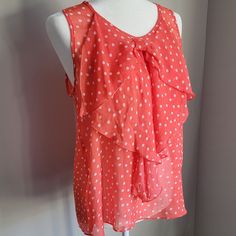 Condition: Nwot. No Flaws. Only Tried On. Color: Orange And White Polka Dots Features: Bow Accent With Ruffle Layers Fit: Relaxed. See Measurements In Photos. Polka Dot Blouse For Day Out In Summer, Polka Dot Blouse For Summer Day Out, Polka Dot Blouse For A Summer Day Out, Spring Chic Polka Dot Tank Top, Chic Polka Dot Tank Top For Spring, Fitted Polka Dot Sleeveless Blouse, Chic Polka Dot Tank Top For Summer, Polka Dot Sleeveless Casual Blouse, Summer Polka Dot Blouse With Ruffles