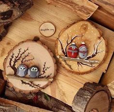 two small owls sitting on top of a wooden slice next to logs and tree slices