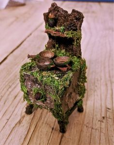 a piece of wood sitting on top of a wooden table covered in moss and other things