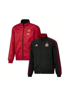 a red and black adidas jacket with the logo at the bottom, on a white background