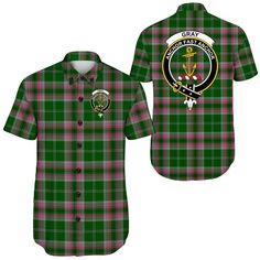 Scottish Gray Clan Tartan Short Sleeve Shirt - Crest Classic Details: Fabric: Made of 95% polyester and 5% spandex, this fabric produces high-quality thermal-transfer printed products while keeping you comfortable, cool, and dry while working and playing. The fit is standard. Short sleeves, lapel collar, concealed placket, and button closure. Stitch Color: black or white, pattern-matched automatically. View All Gray Tartan Products , and show your Gray Clan pride! Read more about Gray History, F Green Fitted Printed Shirt, Fitted Green Printed Shirt, Fitted Green Shirt With Sublimation Print, Green Fitted Shirt With Sublimation Print, Flags With Names, Tartan Shirt, Scottish Plaid, Coat Of Arm, Family Event