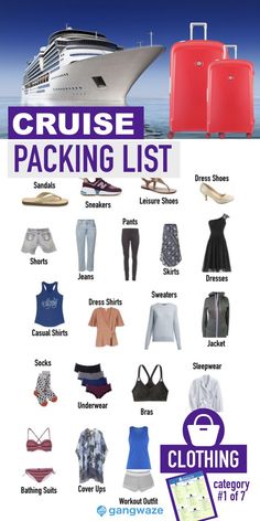 the cruise packing list is shown in blue and white with red suitcases on it