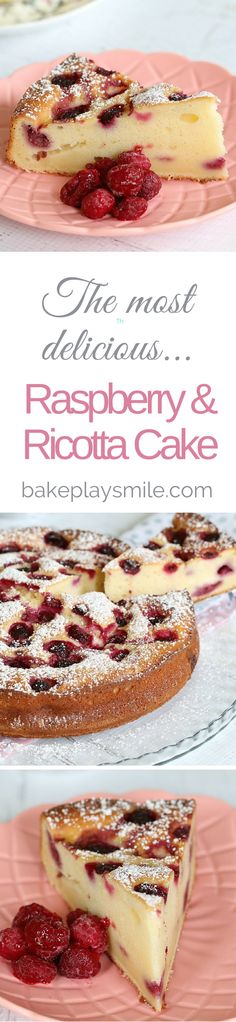 raspberry and ricotta cake on a pink plate with the title text above it