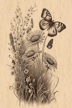 a drawing of flowers and butterflies on a wooden background