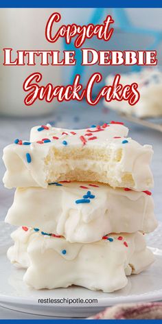 some white cake with sprinkles stacked on top of each other and the words copycat little debie snack cakes