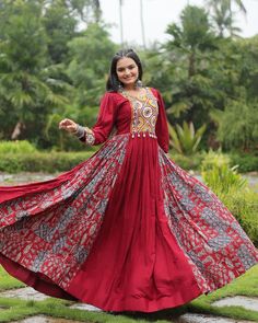 Navratri Gown for Women Bandhani Gown Garba Outfit for Navratri Dress Garba Night Anarkali Dress Traditional Gamthi Smooth Rayon Red Gown, Womens Dress Readymade, SheGemStudio Occasions - Wedding Outfit / Special Navratri Collection PACKAGE CONTAINS - Gown Designer Heavy Red Gown Made From Heavy 14 kg Rayon With Contrast of Printed Rayon Fabric in Flair and Kutchi Gamthi Lace.. 👗 Gown  Fabrics & Work - 14 Kg Rayon With Kutchi Gamthi Work Size - L Size (40 Inch Stitched) [User can adjust From 38 Outfit For Navratri, Bandhani Gown, Navratri Gown, Gamthi Work, Garba Night, Garba Outfit, Navratri Dress, Dress Traditional, Gown For Women